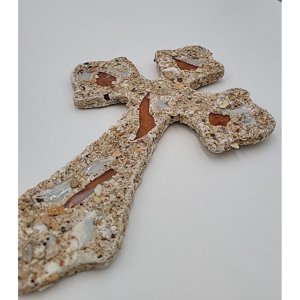 Crushed Shells and Sea Glass Cross 11” Hand Made Easter Christian EUC